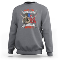 Charcoal crewneck sweatshirt with American veteran graphic and flag, long sleeves
