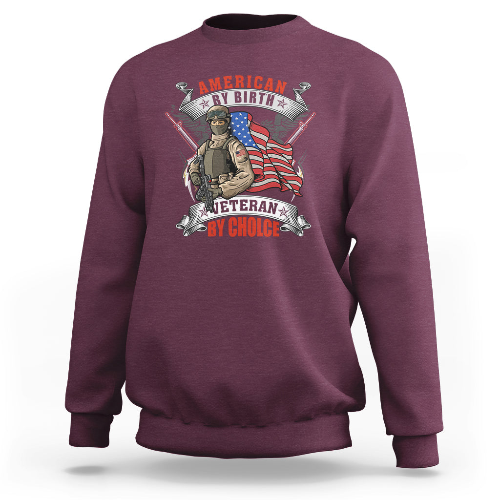 Maroon crewneck sweatshirt with American veteran graphic and flag, long sleeves