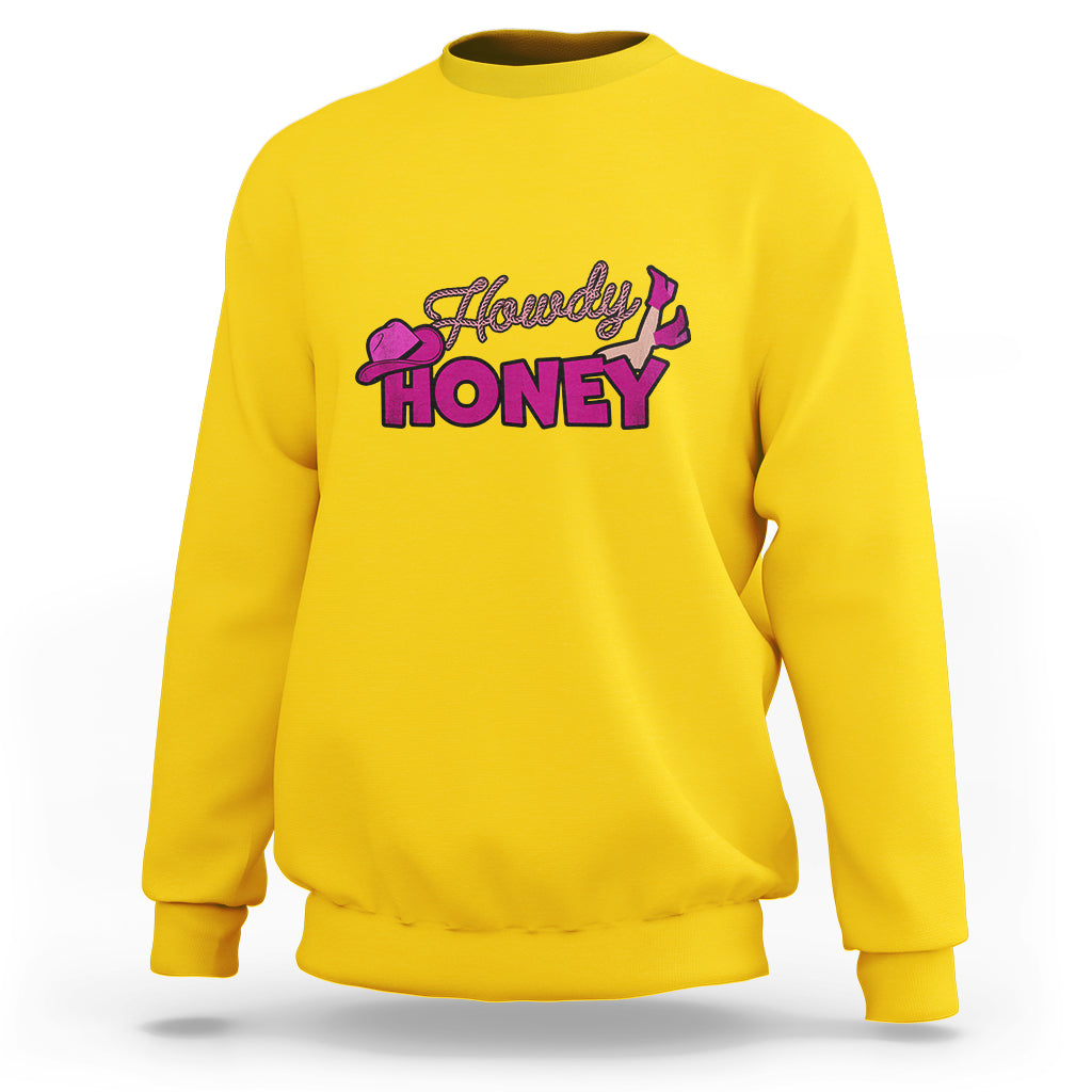 Daisy yellow sweatshirt with Howdy Honey graphic, crewneck long sleeves, pullover.