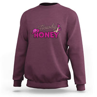 Maroon sweatshirt with Howdy Honey graphic, crewneck long sleeves, pullover.