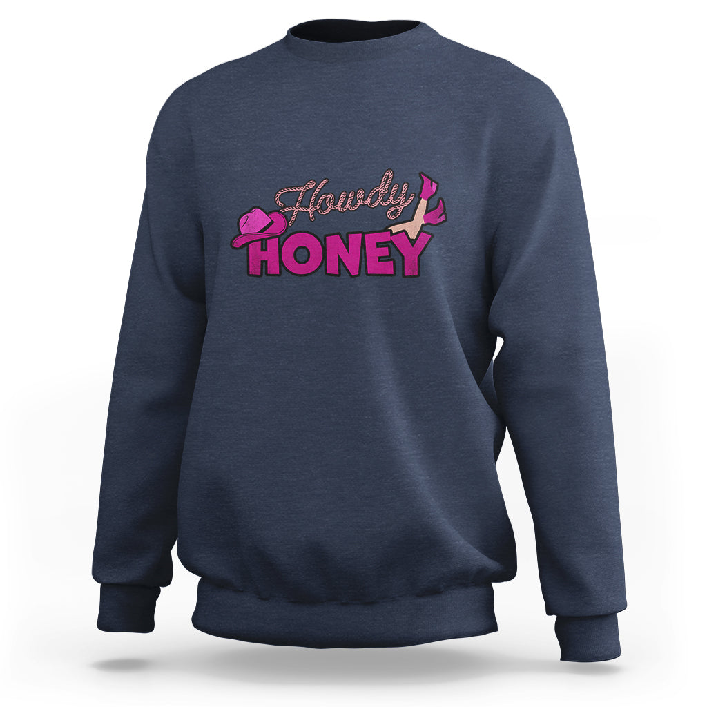 Navy sweatshirt with Howdy Honey graphic, crewneck long sleeves, pullover.