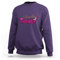 Purple sweatshirt with Howdy Honey graphic, crewneck long sleeves, pullover.
