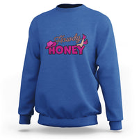 Royal blue sweatshirt with Howdy Honey graphic, crewneck long sleeves, pullover.