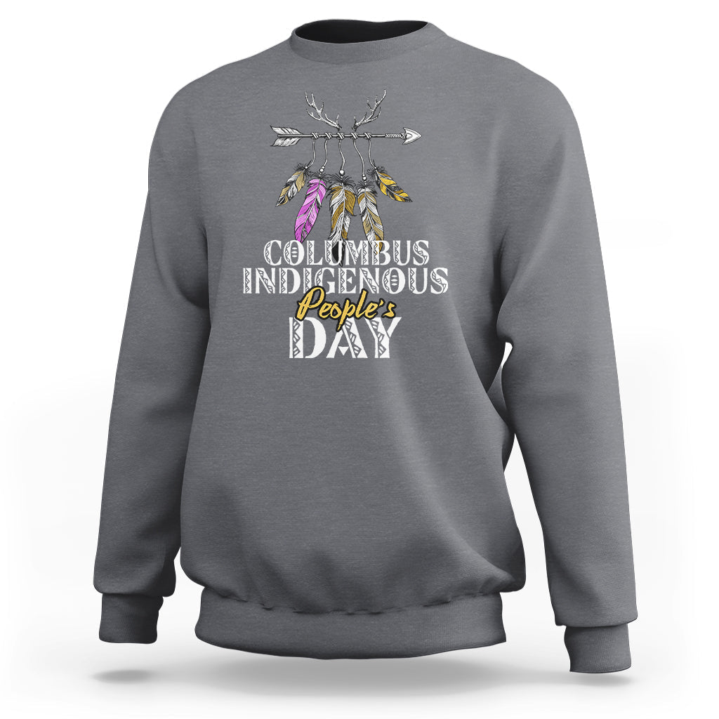 Charcoal gray crewneck sweatshirt with colorful feathered deer graphic and event text print