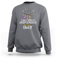 Charcoal gray crewneck sweatshirt with colorful feathered deer graphic and event text print