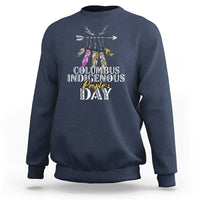Navy crewneck sweatshirt with colorful feathered deer graphic and event text print