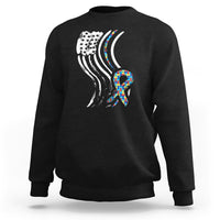 Black sweatshirt with autism awareness ribbon graphic and American flag stripes on back