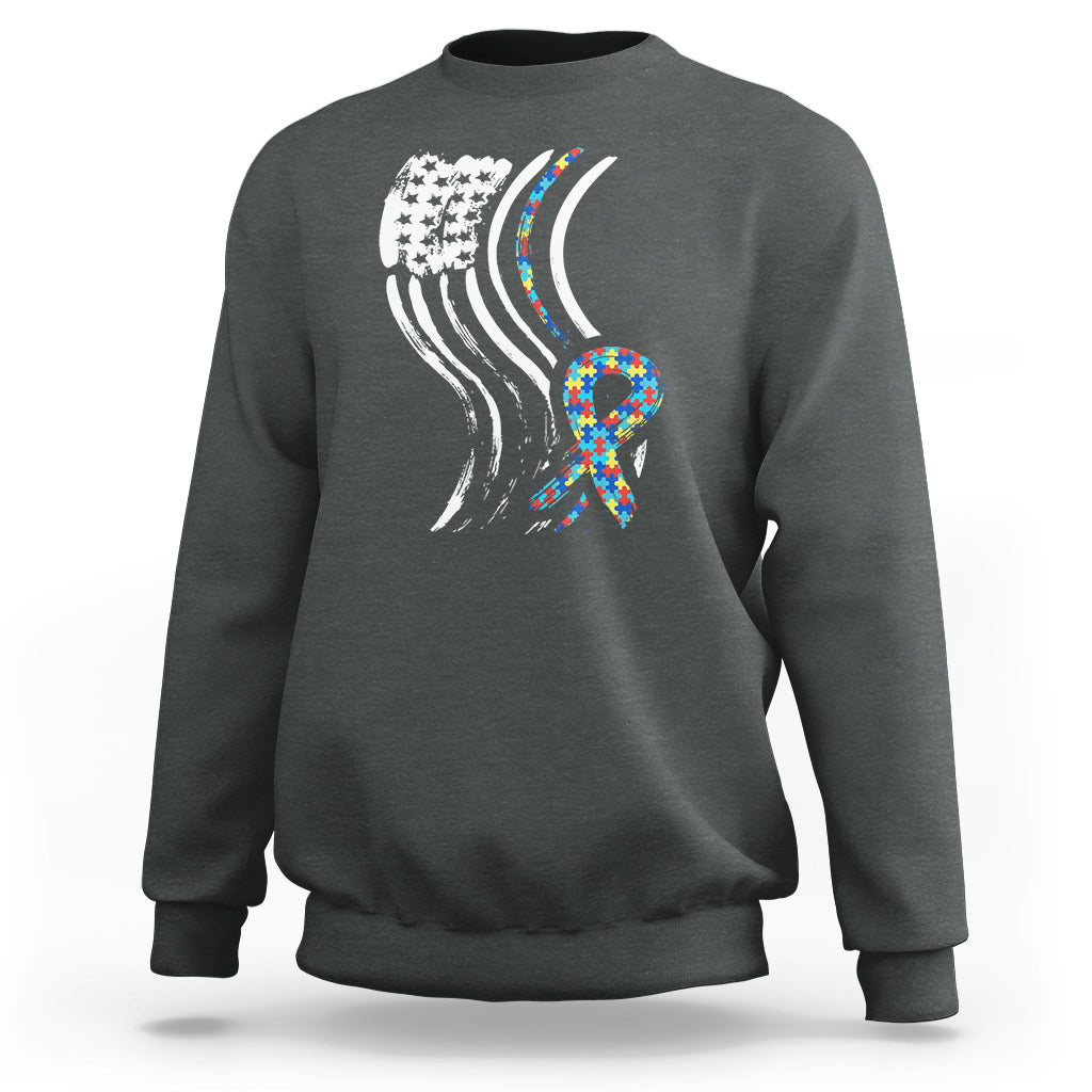 Dark heather gray sweatshirt with autism awareness ribbon graphic and American flag stripes on back