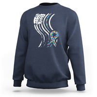 Navy sweatshirt with autism awareness ribbon graphic and American flag stripes on back