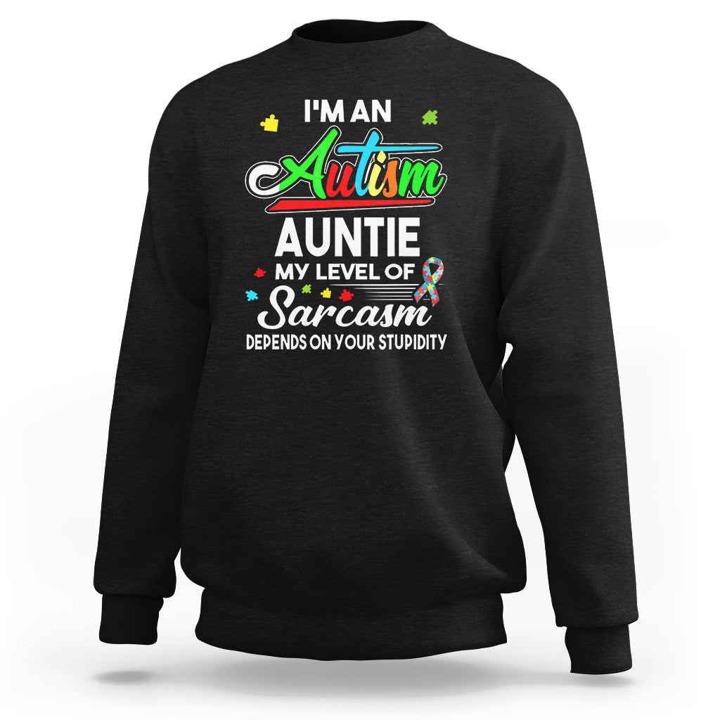 Black crewneck sweatshirt with autism-themed front graphic text
