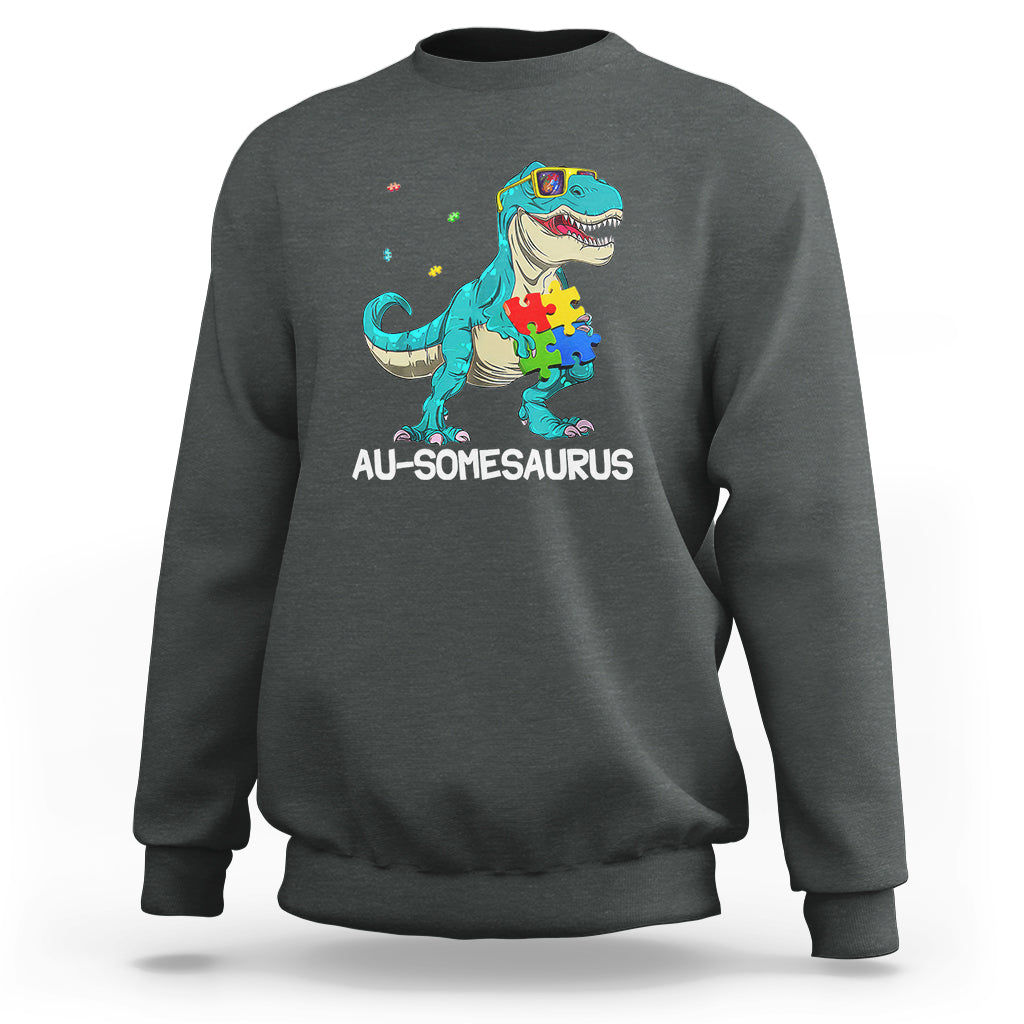 Dinosaur autism sweatshirt, dark heather gray, turquoise dino puzzle graphic with AU-somesaurus text