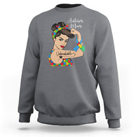 Women's autism mom sweatshirt, dark heather gray with illustrated puzzle heart graphic