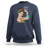 Women's autism mom sweatshirt, navy blue with illustrated puzzle heart graphic