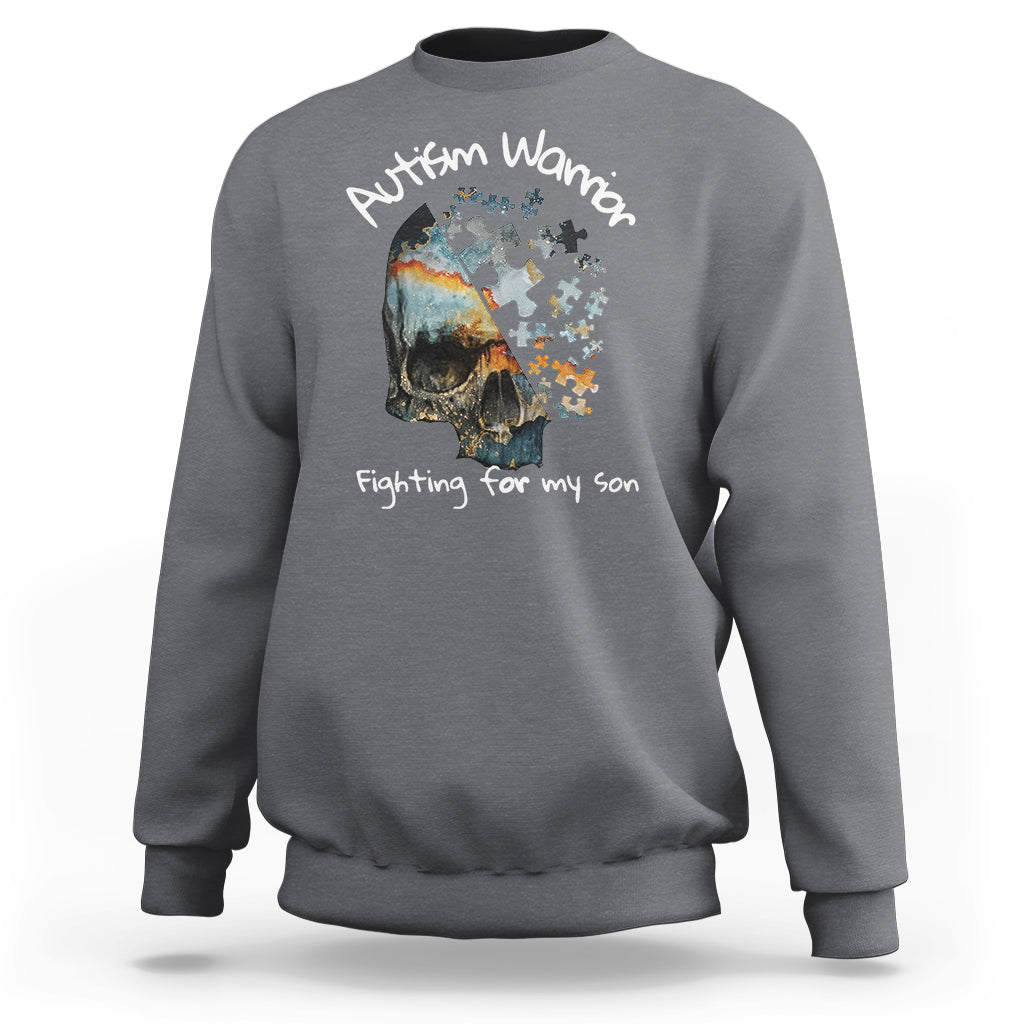Charcoal crewneck sweatshirt with skull jigsaw graphic and “Fighting for my son” text