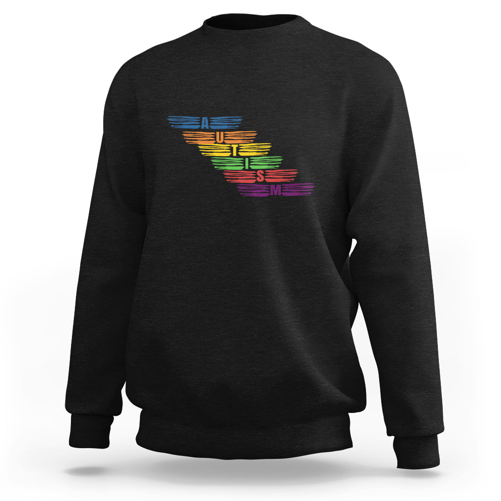 Black crewneck sweatshirt with multicolor autism awareness typography graphic