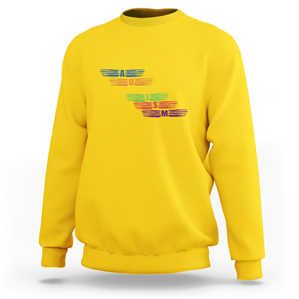 Yellow crewneck sweatshirt with multicolor autism awareness typography graphic