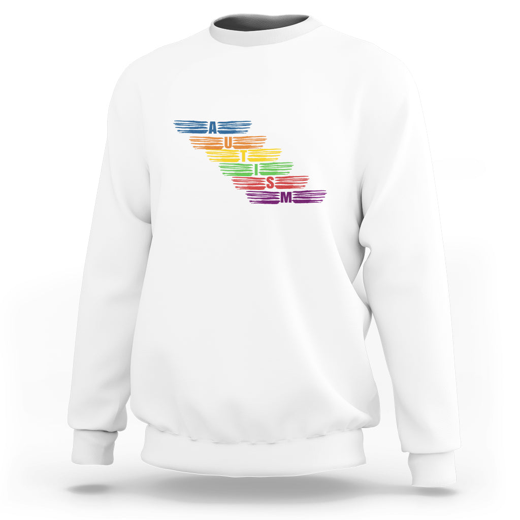White crewneck sweatshirt with multicolor autism awareness typography graphic
