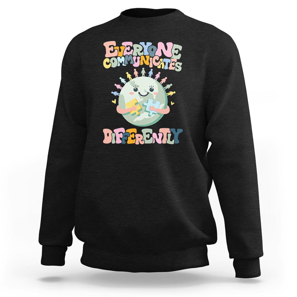 Black crewneck sweatshirt with autism acceptance graphic, long sleeves