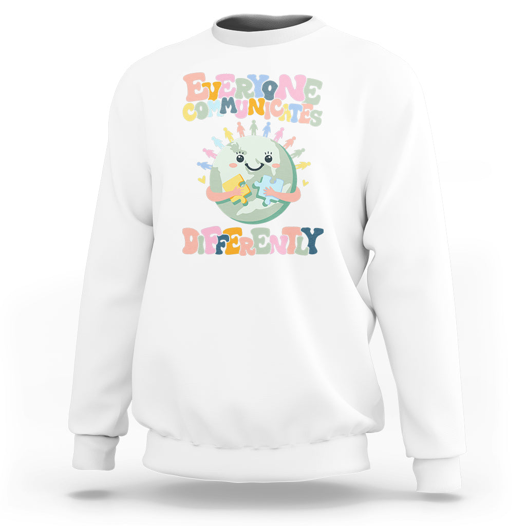 White crewneck sweatshirt with autism acceptance graphic, long sleeves