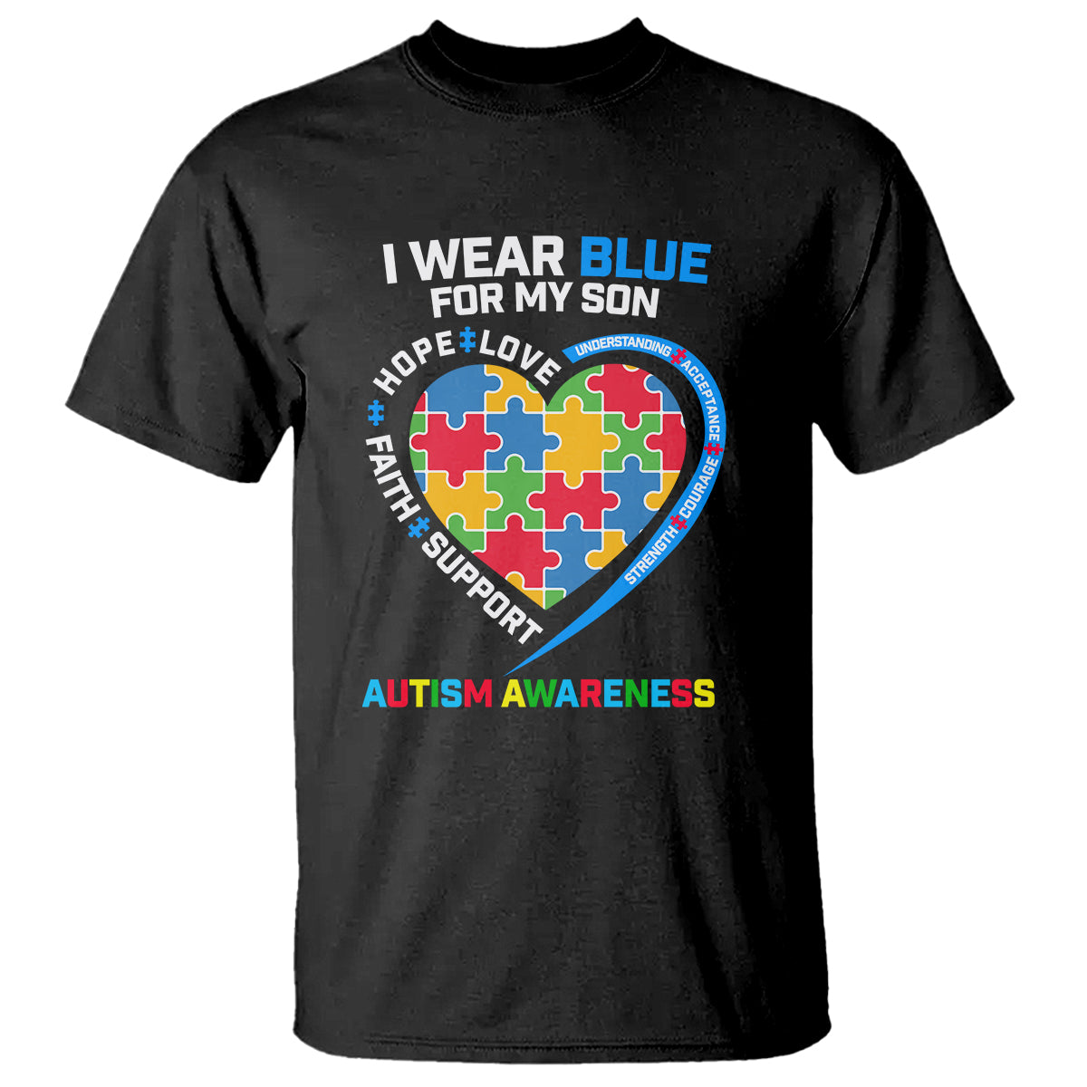 Black tee with 'I Wear Blue for My Son' autism puzzle heart graphic
