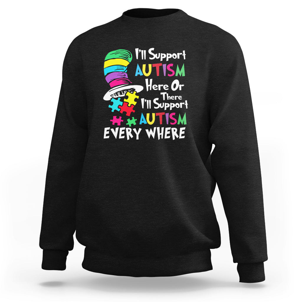 Autism awareness sweatshirt, black with colorful autism support graphic