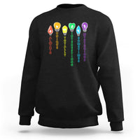 Black crewneck sweatshirt with colorful award and text graphic on front.