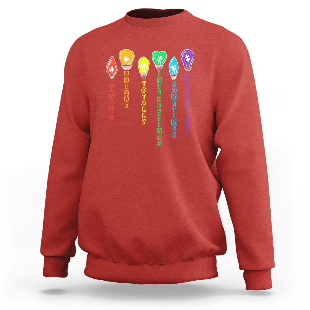 Red crewneck sweatshirt with colorful award and text graphic on front.