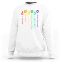 White crewneck sweatshirt with colorful award and text graphic on front.