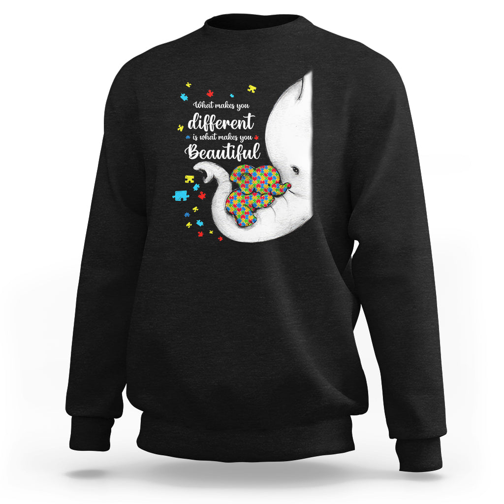 Black elephant autism sweatshirt with colorful puzzle-heart graphic and slogan