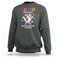 Autism awareness sweatshirt, heather gray crewneck with colorful puzzle-hand graphic and text