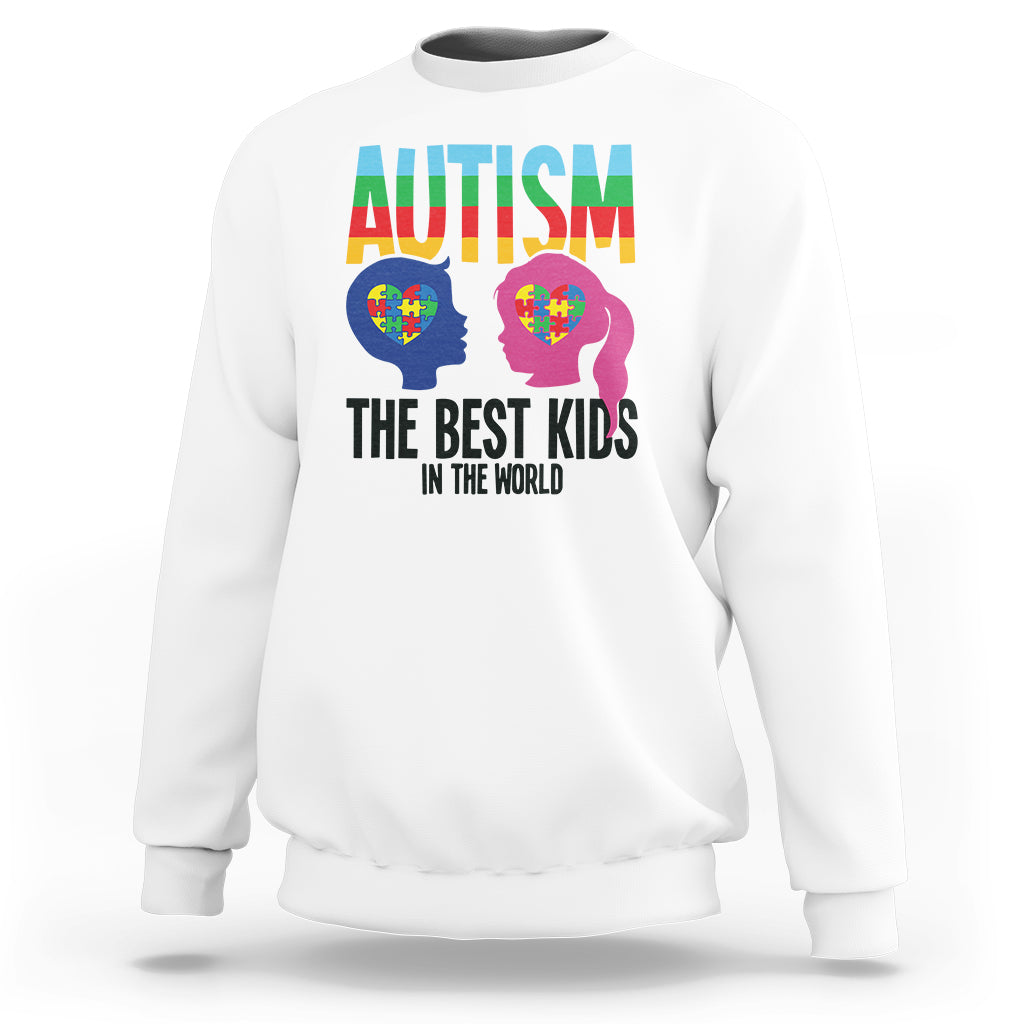 White kids autism sweatshirt with 'Autism' and 'Best Kids in the World' graphic