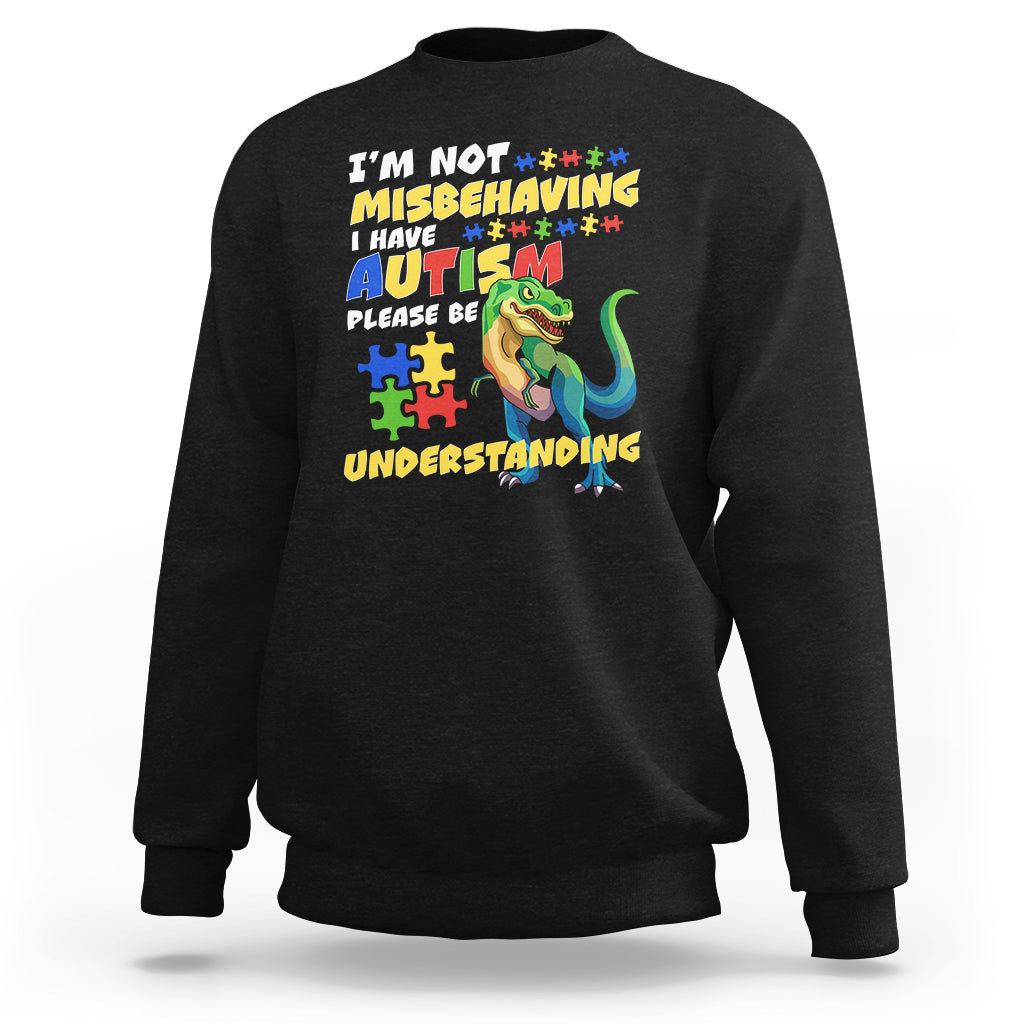 Black dinosaur autism sweatshirt with colorful front text and dinosaur graphic