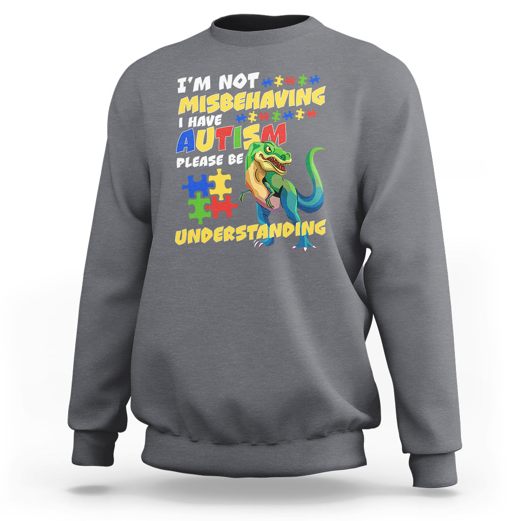 Dark heather gray dinosaur autism sweatshirt with colorful front text and dinosaur graphic