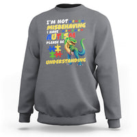 Dark heather gray dinosaur autism sweatshirt with colorful front text and dinosaur graphic