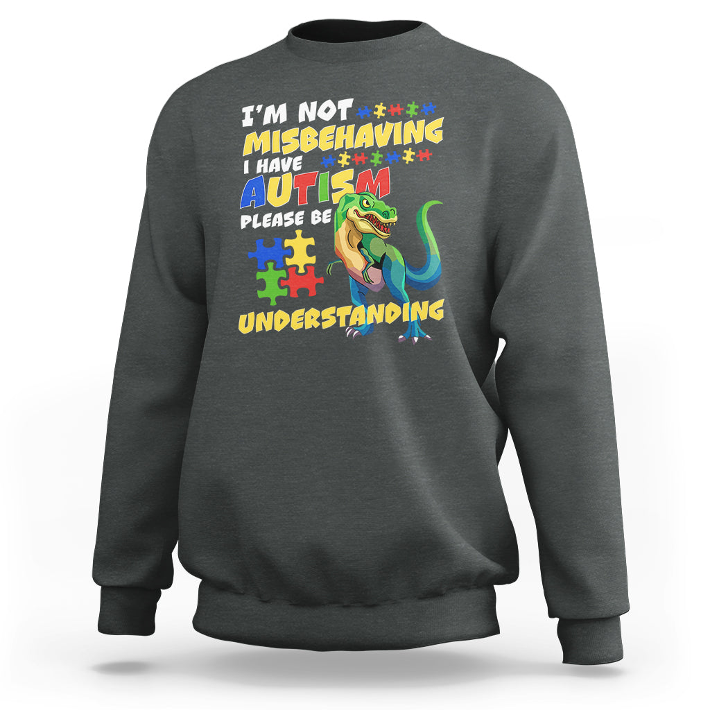 Charcoal dinosaur autism sweatshirt with colorful front text and dinosaur graphic