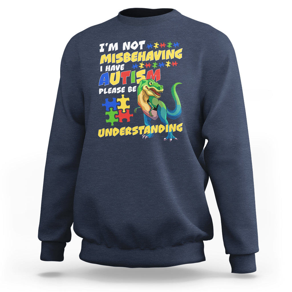 Navy dinosaur autism sweatshirt with colorful front text and dinosaur graphic