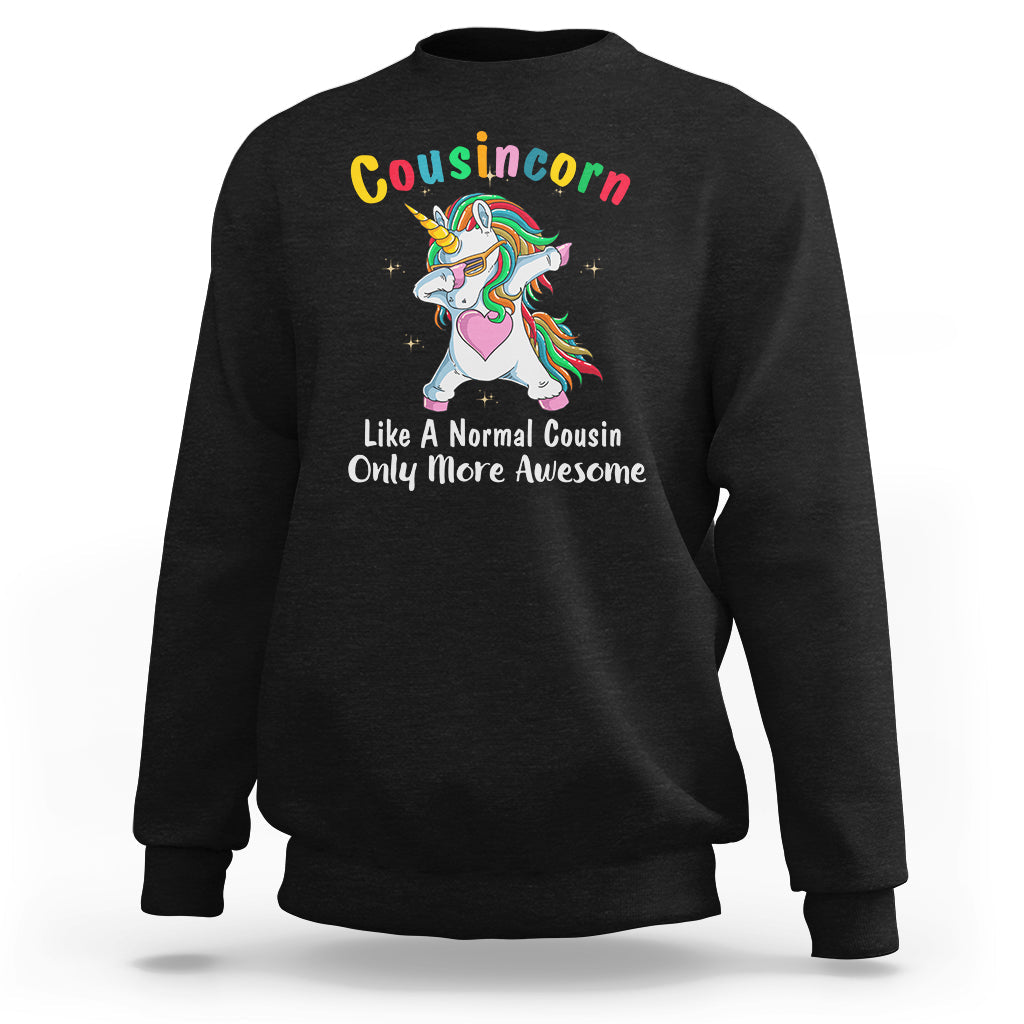 Black crewneck sweatshirt with dabbing unicorn graphic on front, long sleeves