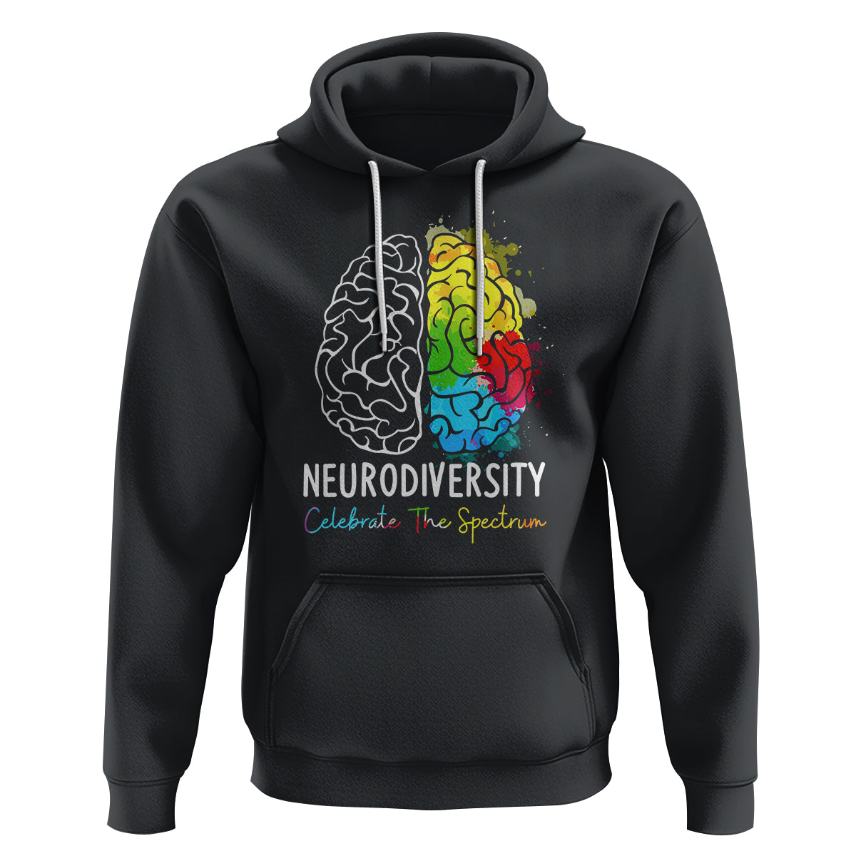 Dark charcoal autism hoodie with colorful brain “NEURODIVERSITY” print and front pocket
