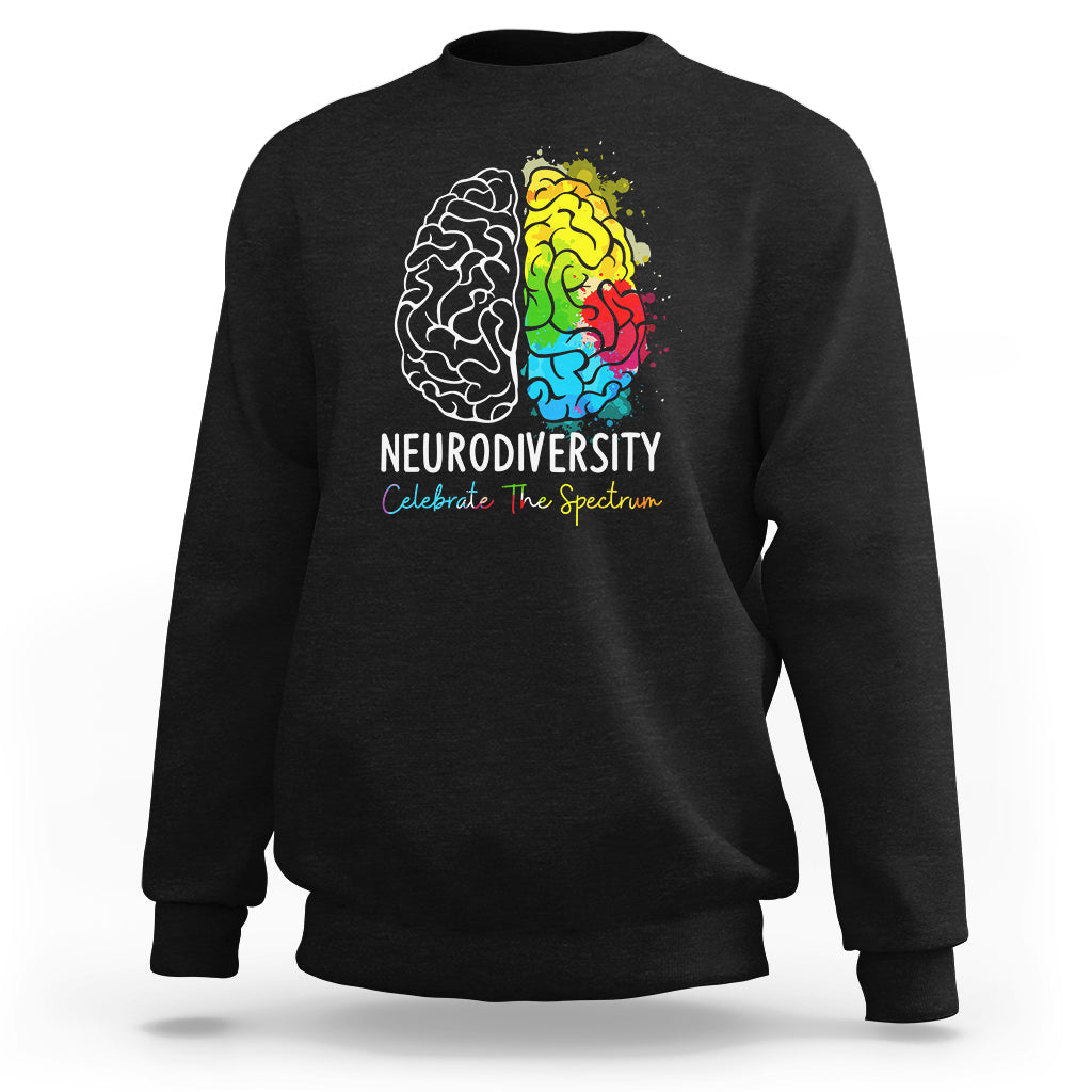 Autism sweatshirt, black, with colorful brain and “Neurodiversity” print