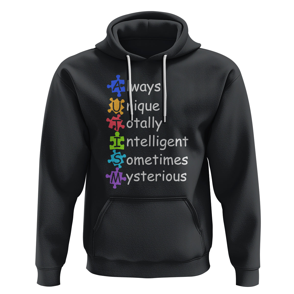 Black autism definition hoodie with colorful puzzle graphic and stacked front text