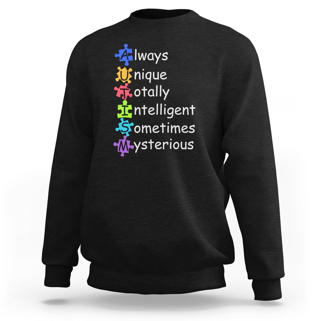 Autism definition sweatshirt, black crewneck with colorful text and puzzle icons