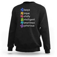 Autism definition sweatshirt, black crewneck with colorful text and puzzle icons