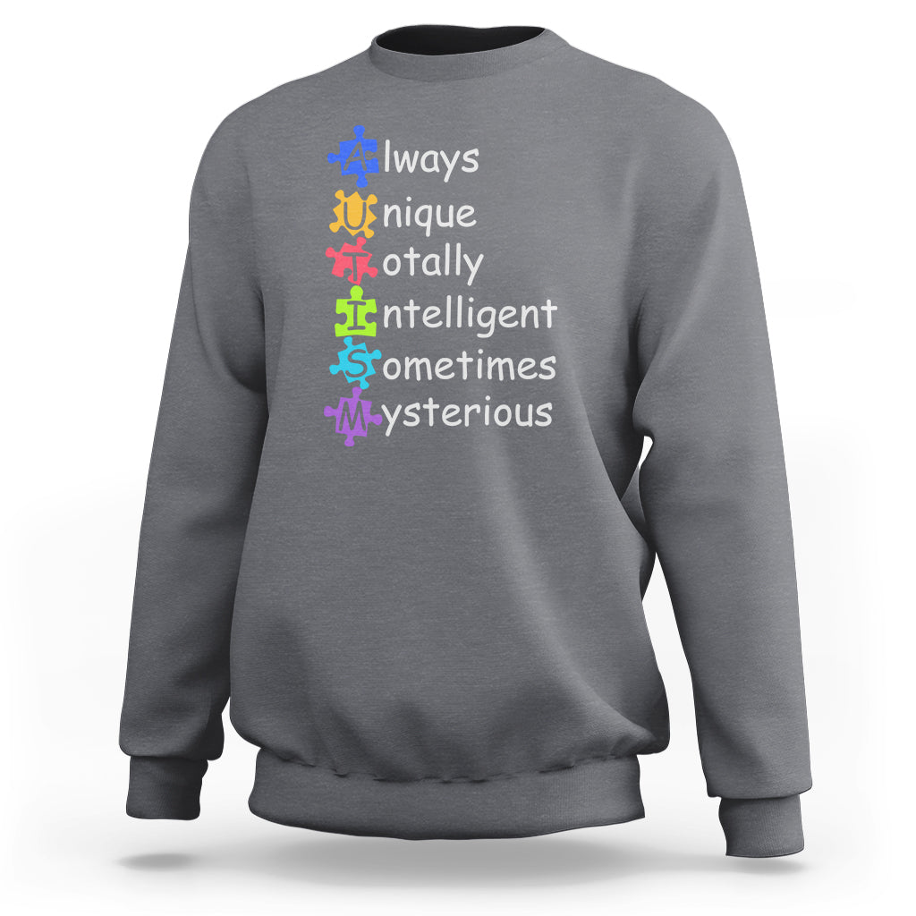 Autism definition sweatshirt, heather gray crewneck with colorful text and puzzle icons