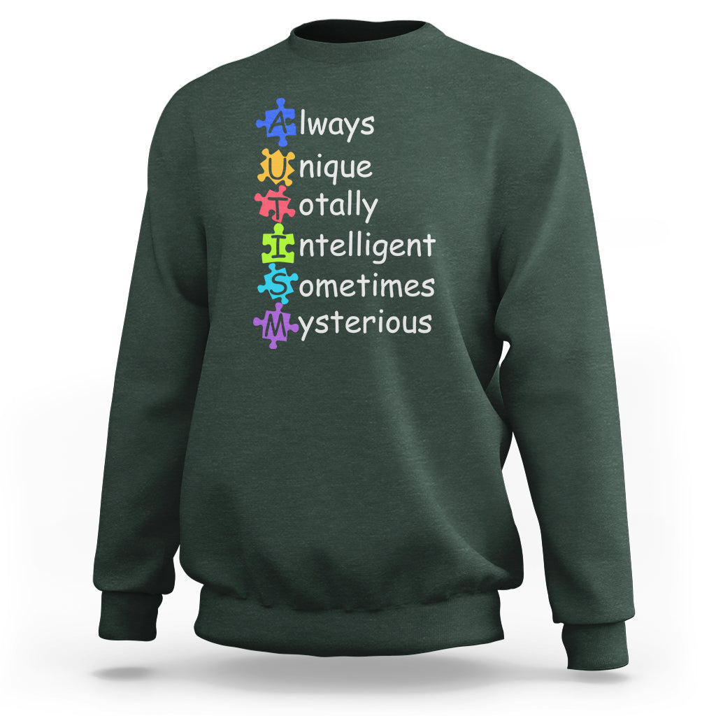 Autism definition sweatshirt, dark green crewneck with colorful text and puzzle icons