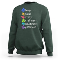 Autism definition sweatshirt, dark green crewneck with colorful text and puzzle icons