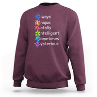 Autism definition sweatshirt, maroon crewneck with colorful text and puzzle icons
