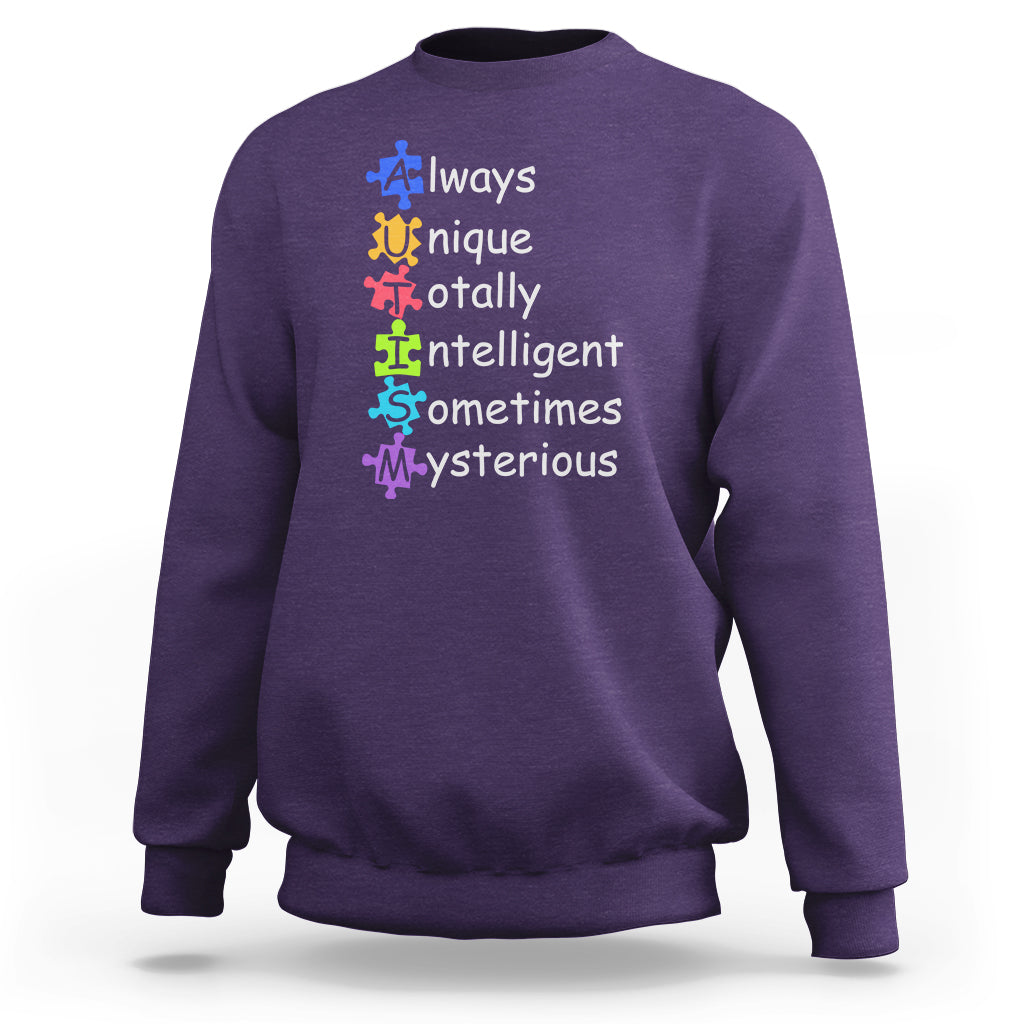 Autism definition sweatshirt, purple crewneck with colorful text and puzzle icons