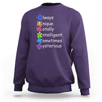 Autism definition sweatshirt, purple crewneck with colorful text and puzzle icons