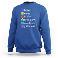 Autism definition sweatshirt, royal blue crewneck with colorful text and puzzle icons