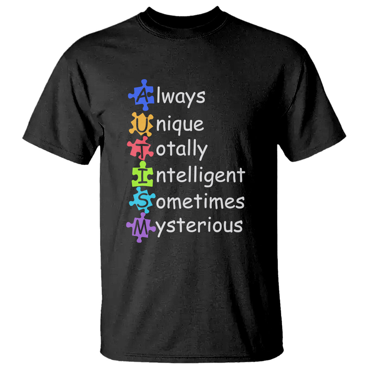 Black autism definition graphic T-shirt with rainbow text and puzzle-piece figures